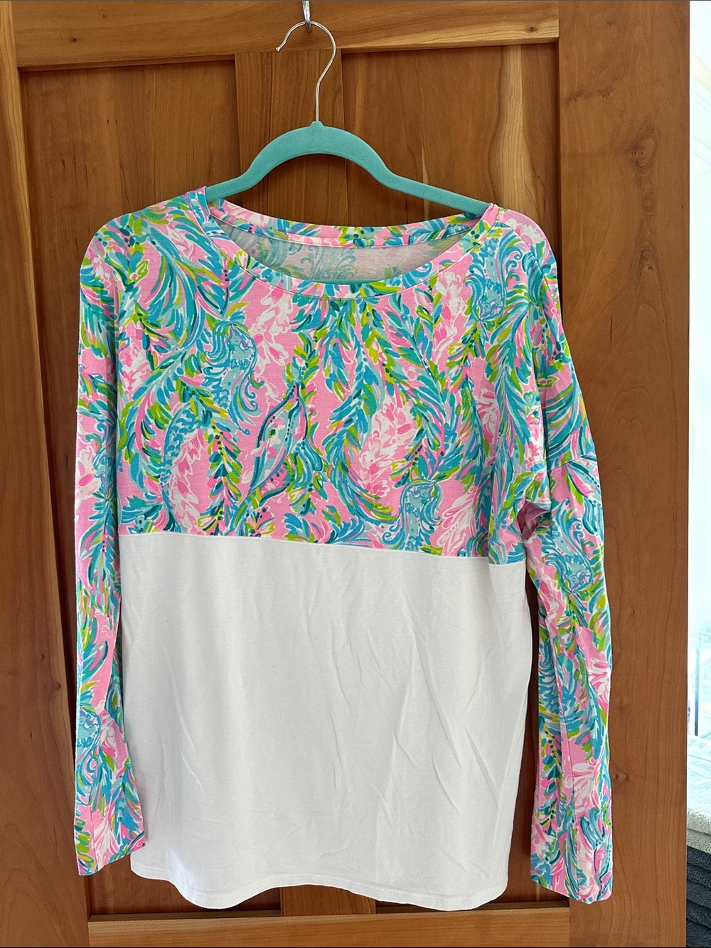 Women’s Pink Multi-Print Long Sleeve Colorblock Top- fits like a medium